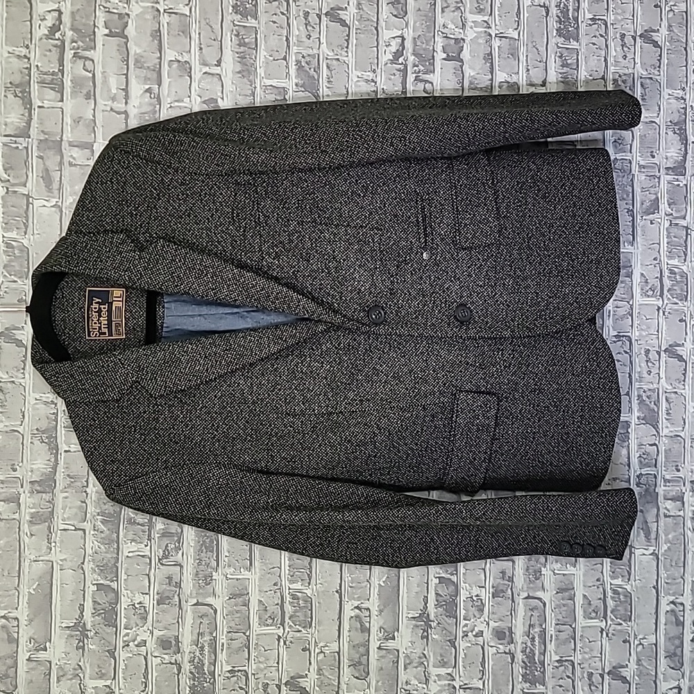 SuperDry Limited Men's Wool Blazer Sports Coat Grey/Gray Button Cuff Size Large